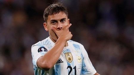 Paulo Dybala celebrating a goal with the Argentina national team